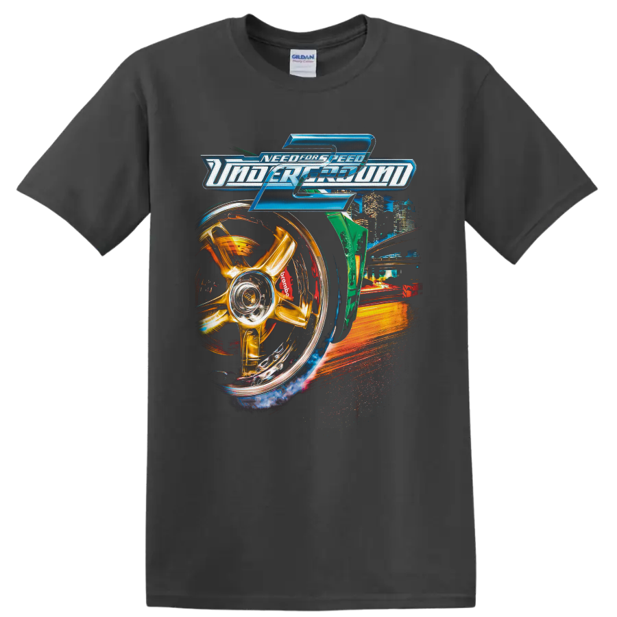 Need for Speed Underground 2 logo with gold wheel, neon city, and street racing artwork on a Charcoal T Shirt