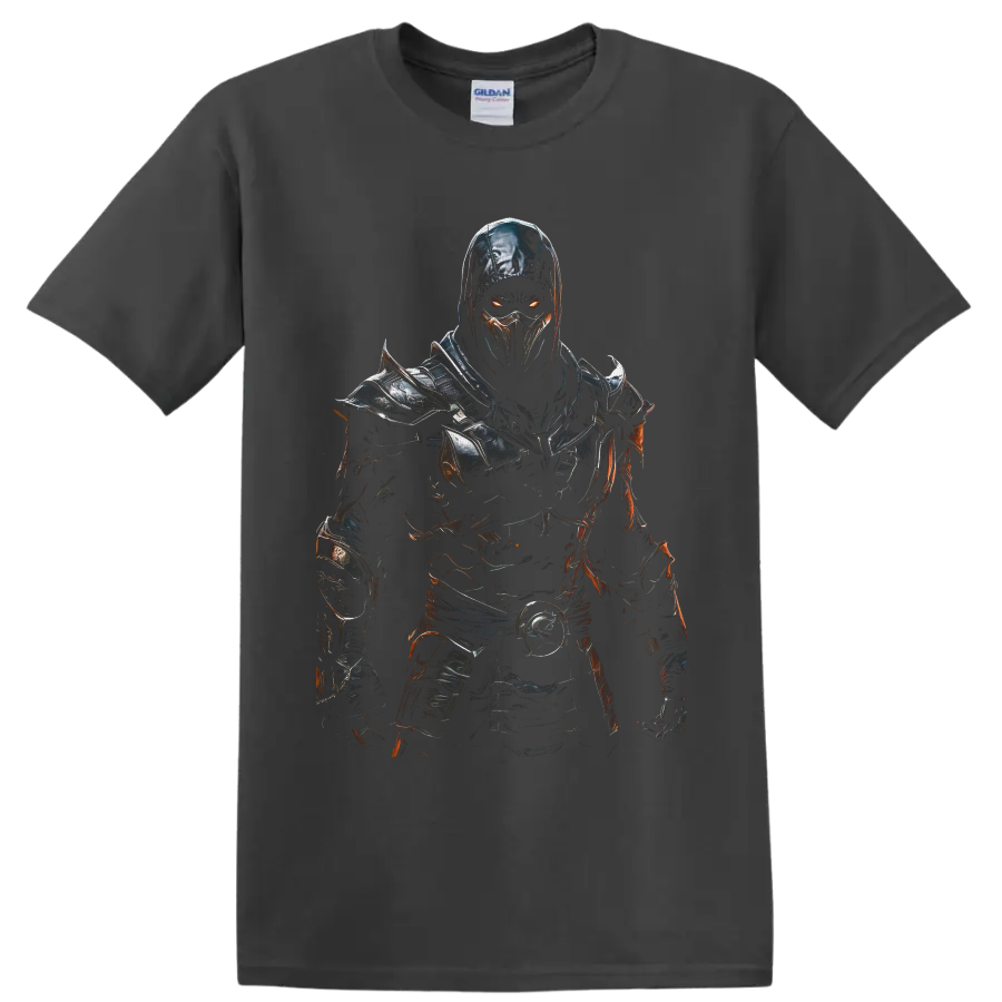 Noob Saibot Mortal Kombat shadow ninja in dark armor with glowing orange eyes on a Charcoal T Shirt