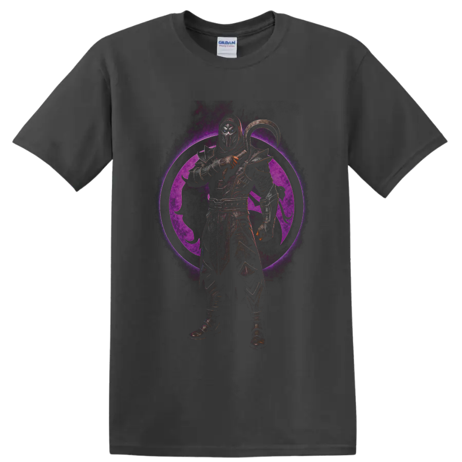 Noob Saibot armored shadow ninja with curved weapon and purple dragon emblem on a Charcoal T Shirt