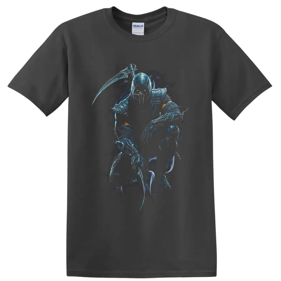 Noob Saibot shadow ninja with scythe, icy blue armor, and spectral smoke on a Charcoal T Shirt