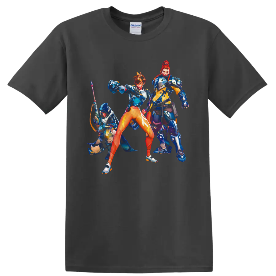 Tracer, Brigitte, and Ana in vivid Overwatch sci-fi hero squad artwork on a Charcoal T Shirt