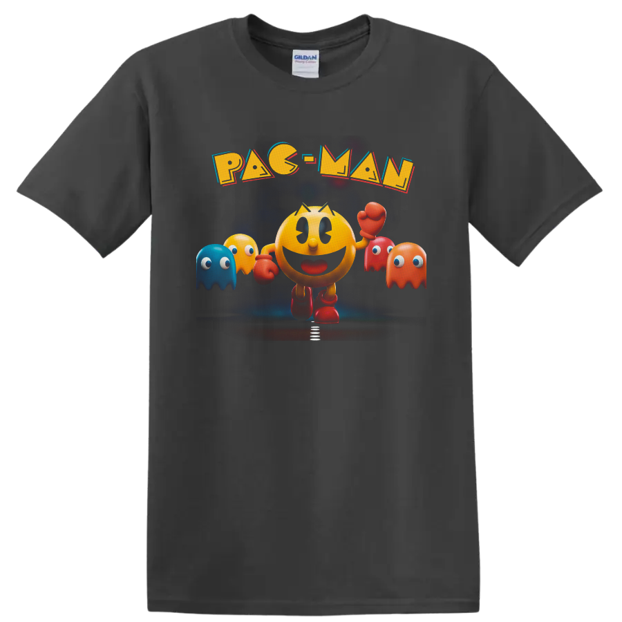 Pac-Man arcade fighter with colorful Ghosts and bold retro lettering on a Charcoal T Shirt