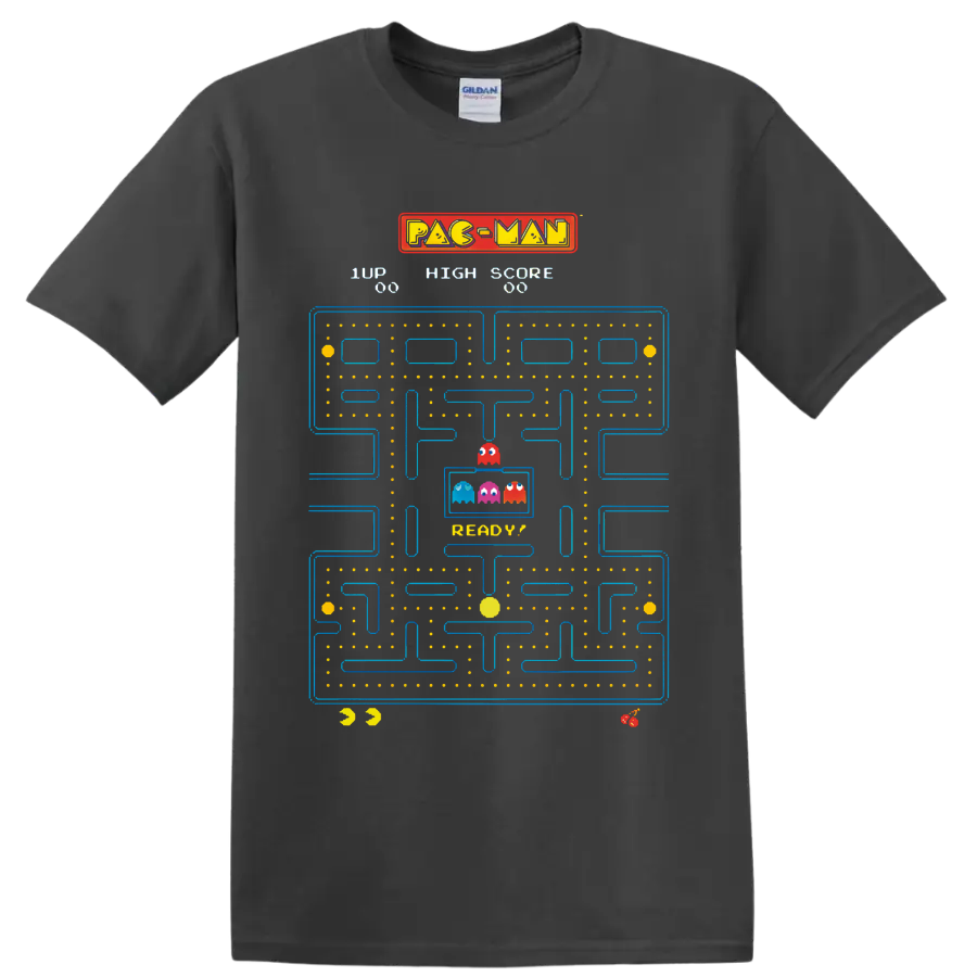 Pac-Man arcade maze with colorful Ghosts, dots, fruit icons, and score graphics on a Charcoal T Shirt