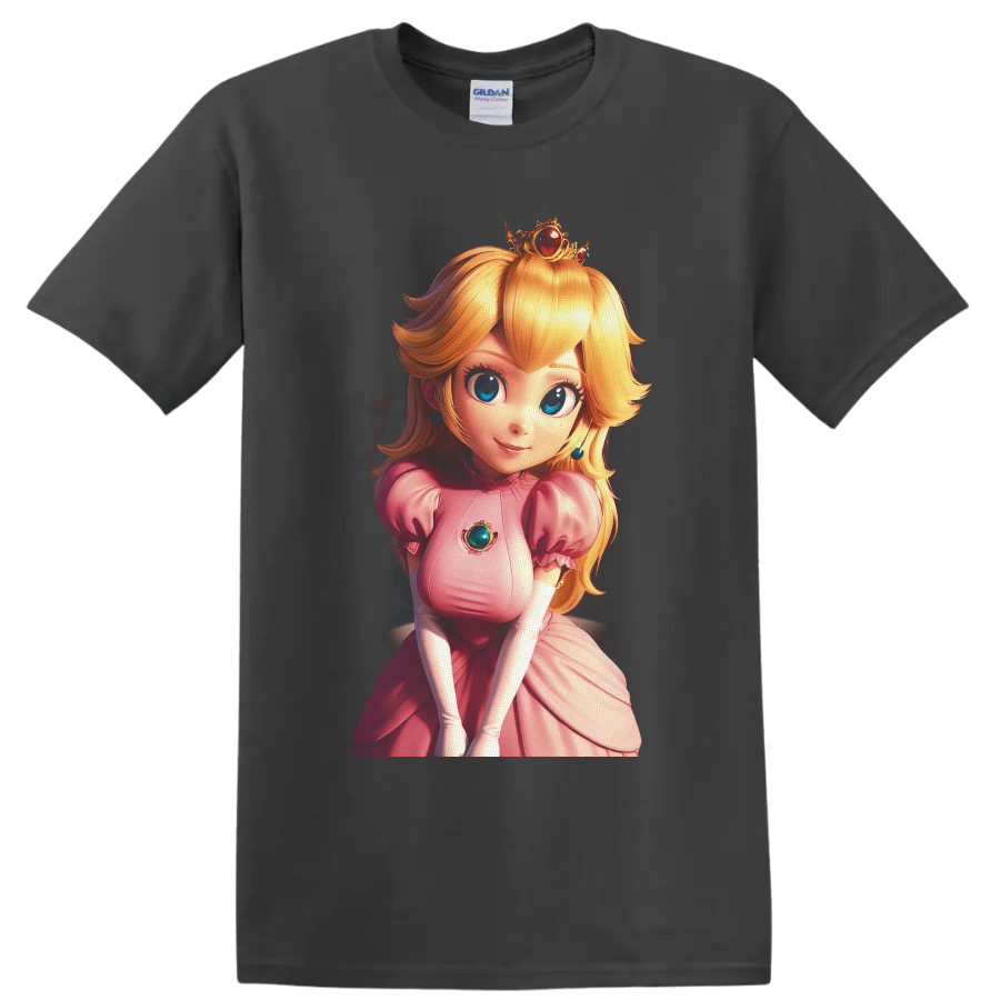 Princess Peach anime-style royal portrait with pink gown, jeweled crown, and blue gems on a Charcoal T Shirt