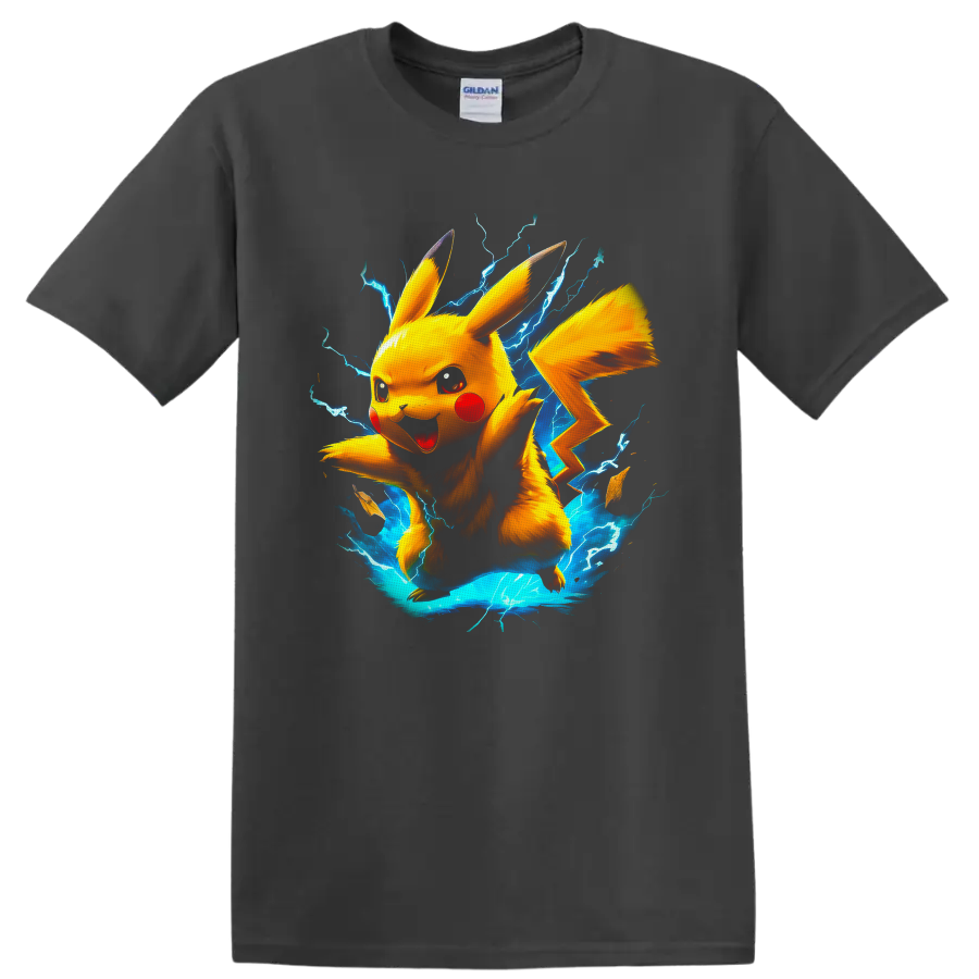 Pikachu with blue lightning in a vivid anime-inspired electric action graphic on a Charcoal T Shirt
