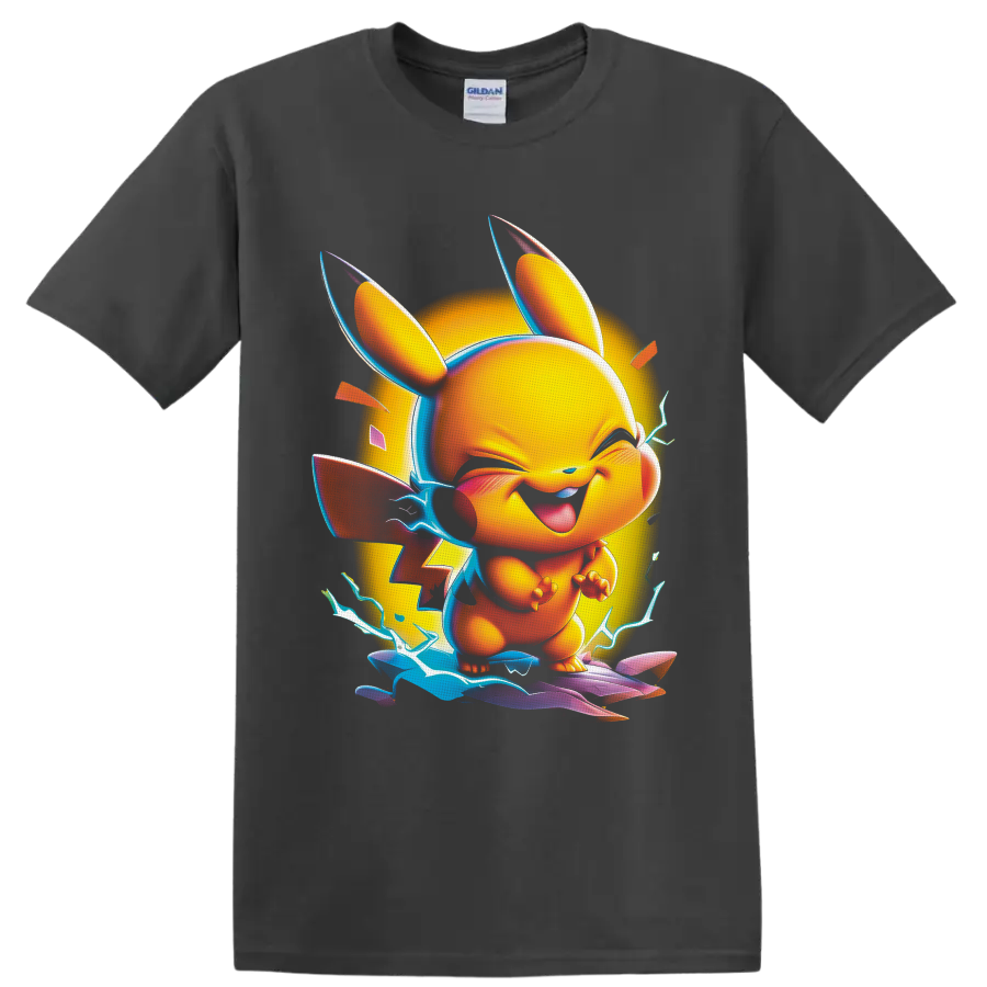 Pikachu neon cartoon with electric lightning, glowing circle, and colorful energy waves on a Charcoal T Shirt