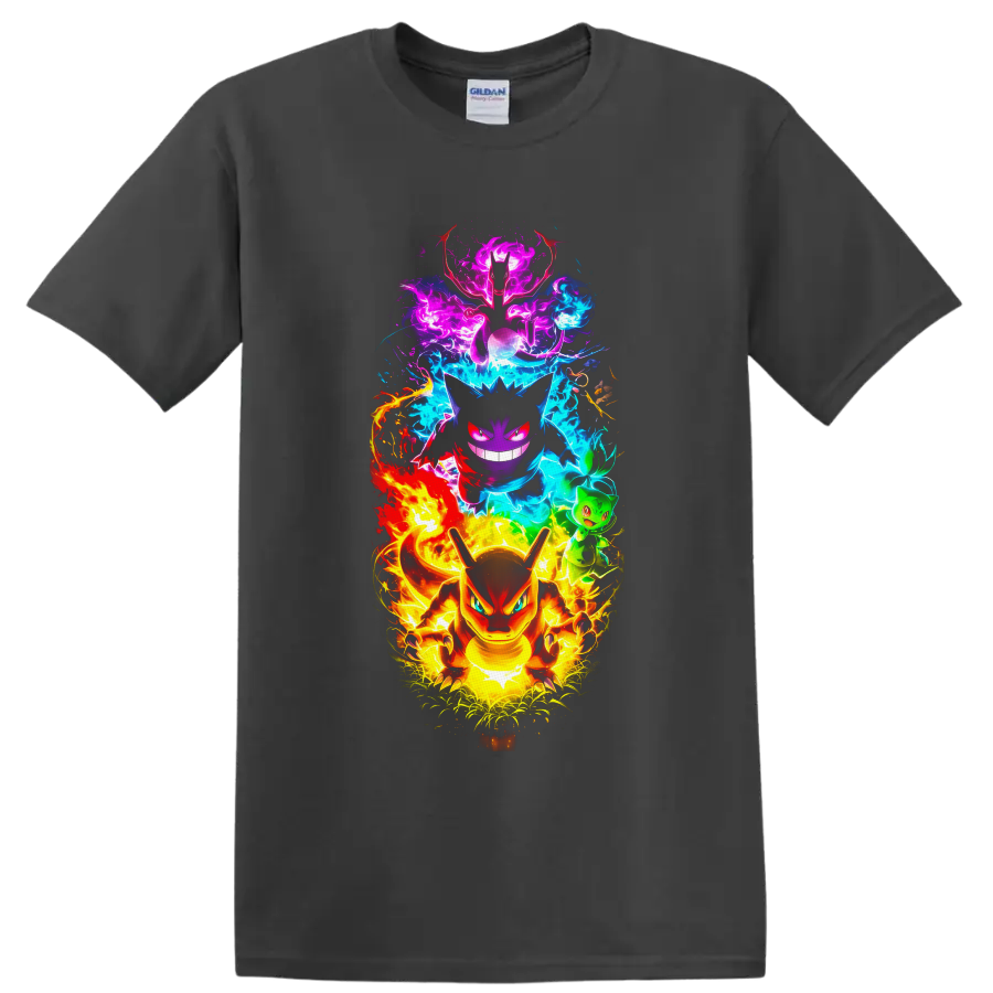 Charizard, Gengar, Mewtwo and Bulbasaur in vivid neon elemental energy art on a Charcoal T Shirt