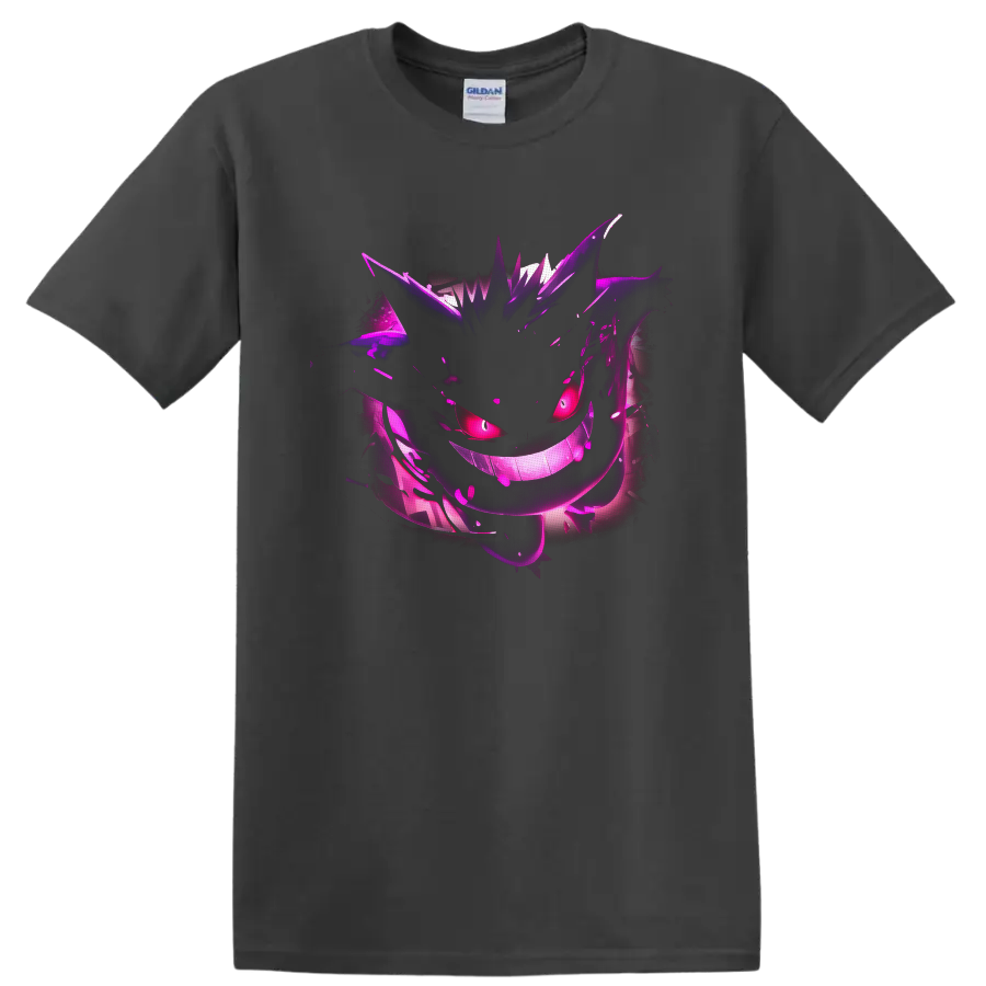 Gengar Pokémon neon purple ghost artwork with glowing eyes and a wide grin on a Charcoal T Shirt