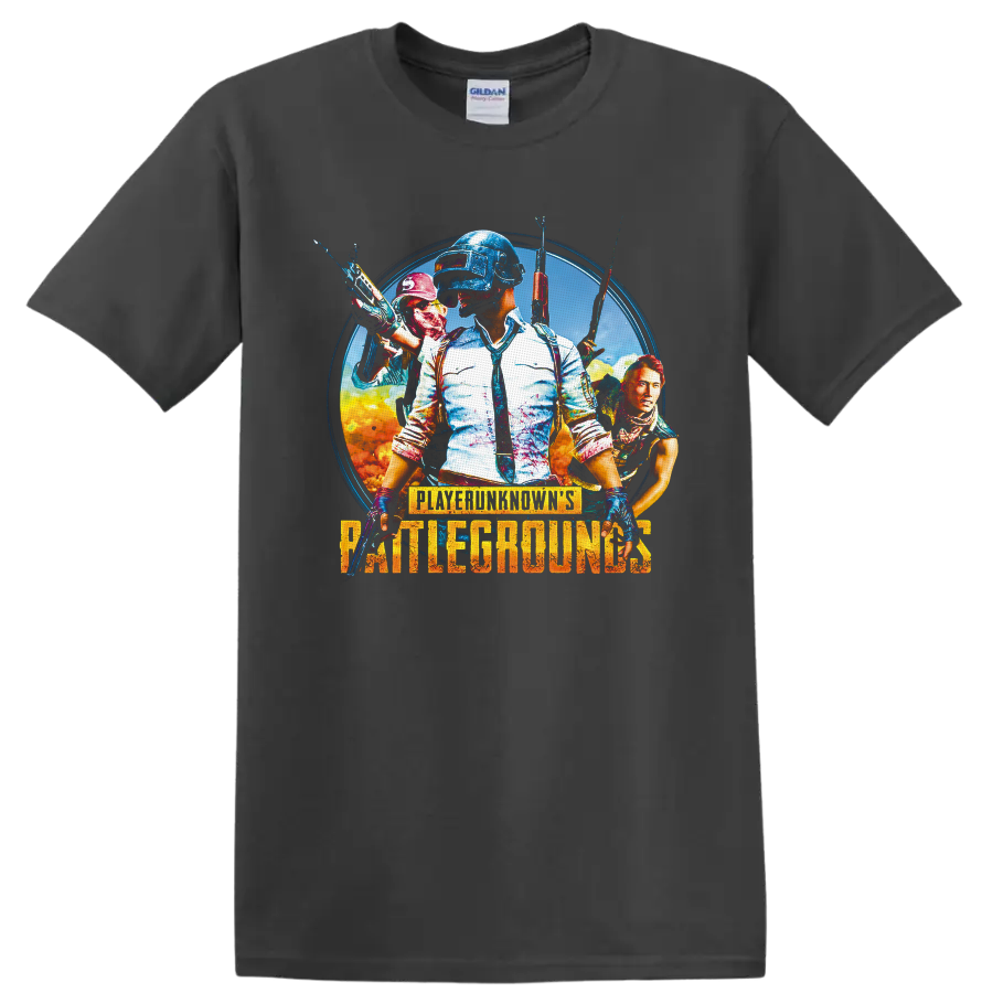 PUBG Battlegrounds helmeted soldier and armed squad action poster graphic on a Charcoal T Shirt
