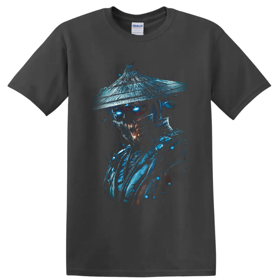 Raiden in rain with glowing blue eyes, straw hat, and dark fantasy armor on a Charcoal T Shirt