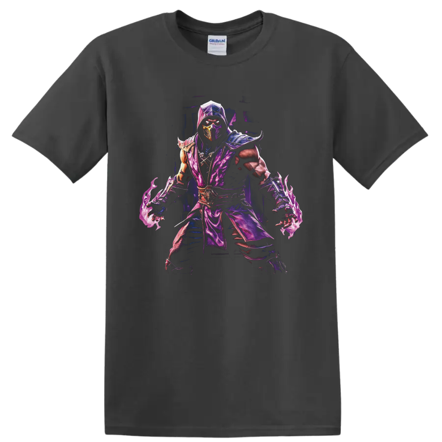 Rain Mortal Kombat purple masked ninja with armor and swirling water energy on a Charcoal T Shirt