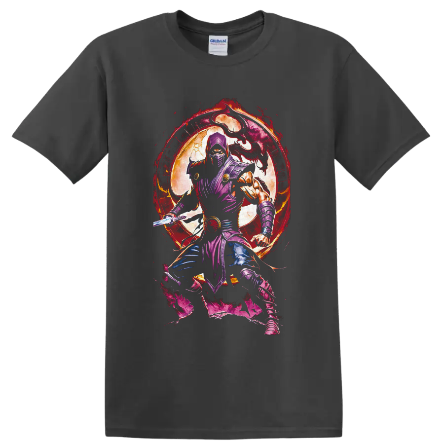 Rain purple ninja with sword, dragon silhouette, full moon, and fiery portal on a Charcoal T Shirt
