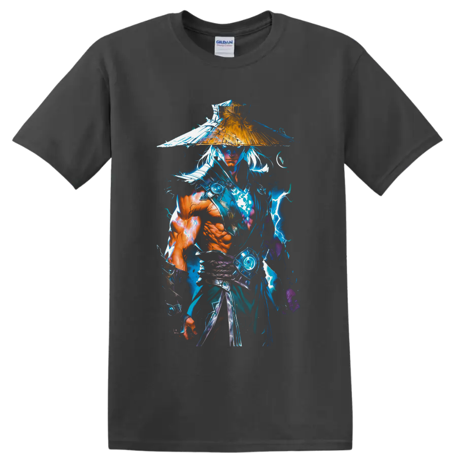 Raiden in straw hat with blue lightning, rain splashes, and anime-inspired warrior art on a Charcoal T Shirt