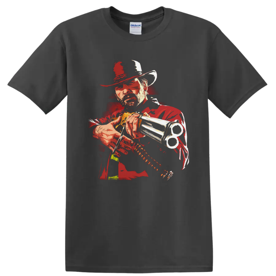 Arthur Morgan revolver portrait in distressed red western illustration style on a Charcoal T Shirt