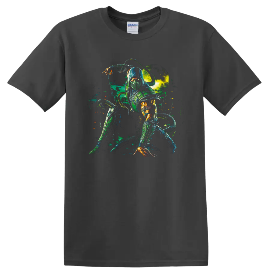 Reptile Mortal Kombat cyber ninja with glowing eyes, claws, and coiled tail on a Charcoal T Shirt