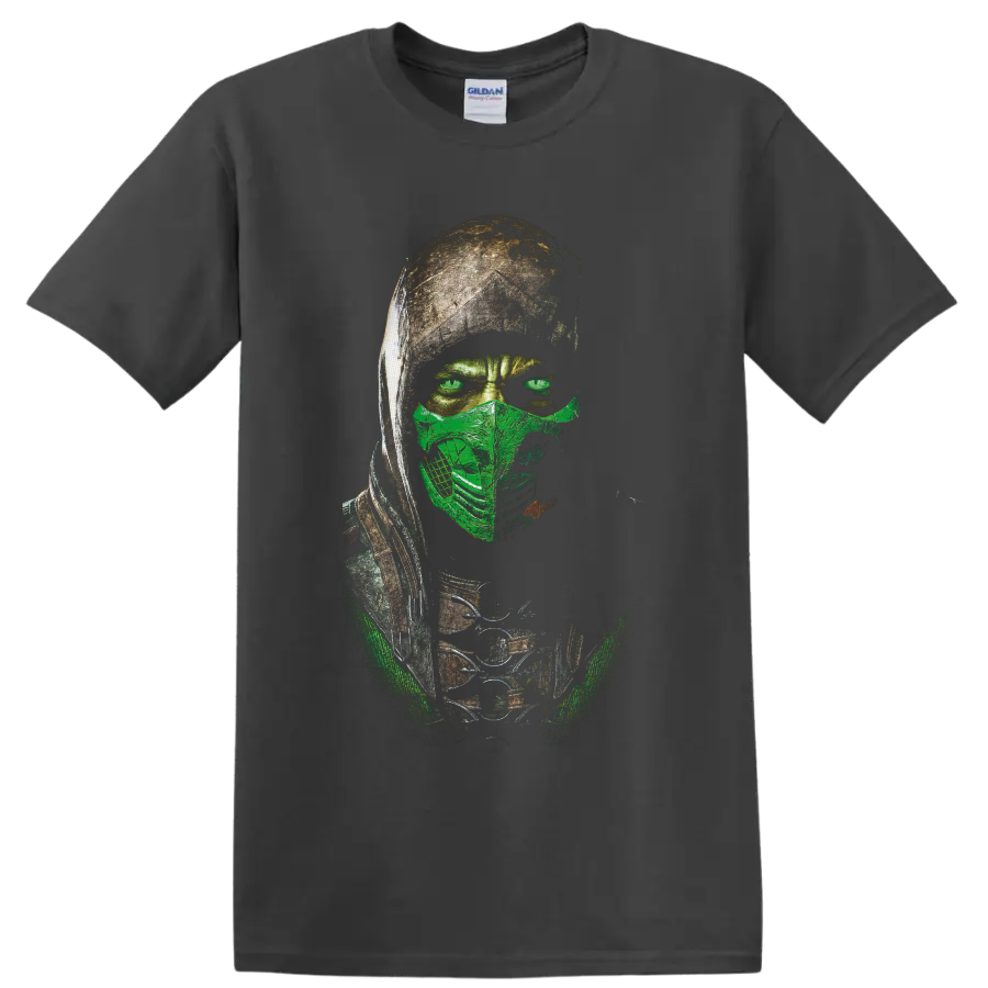 Reptile Mortal Kombat masked green ninja warrior portrait in distressed graphic style on a Charcoal T Shirt