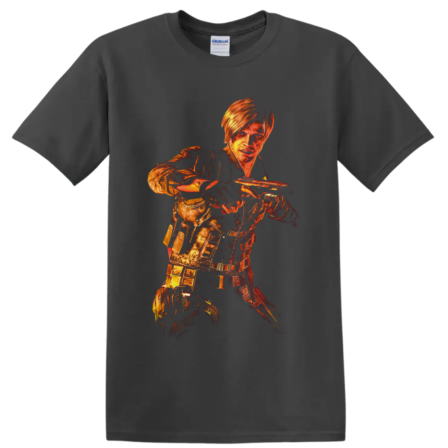 Leon Kennedy Resident Evil 6 fiery distressed tactical handgun action artwork on a Charcoal T Shirt