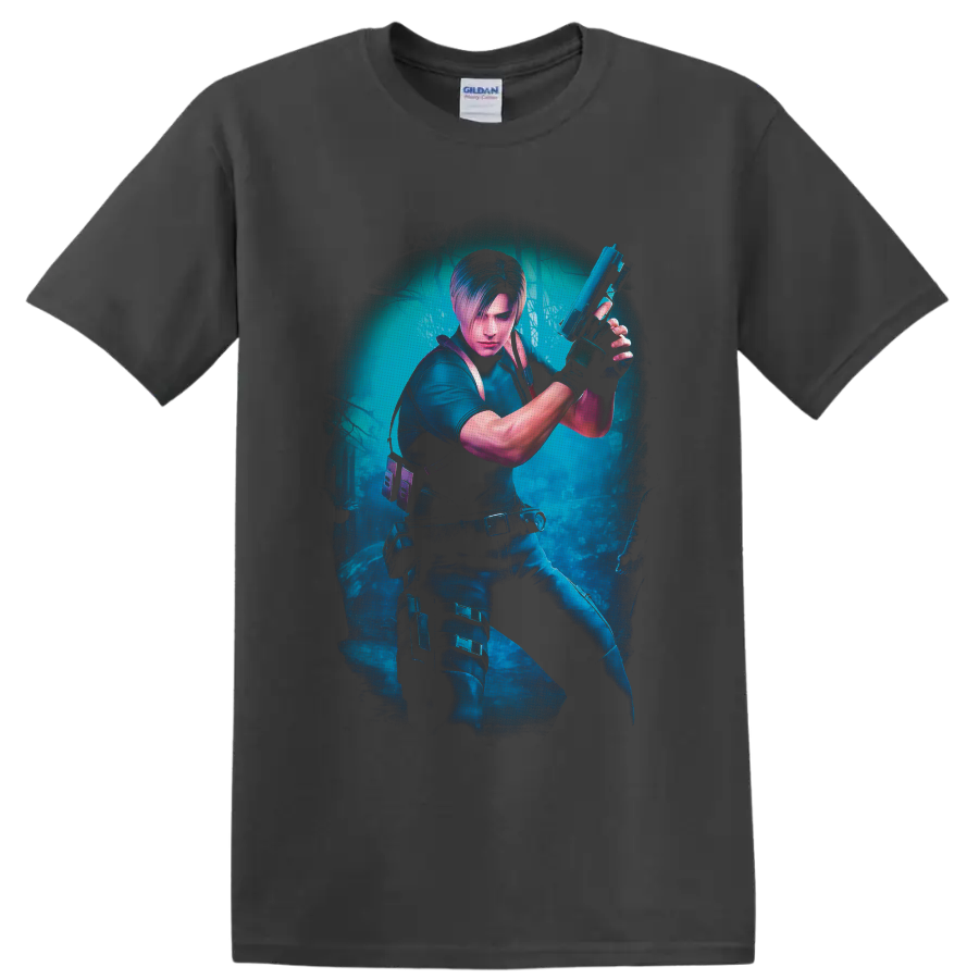 Leon Kennedy tactical action artwork in a misty blue survival-horror forest on a Charcoal T Shirt