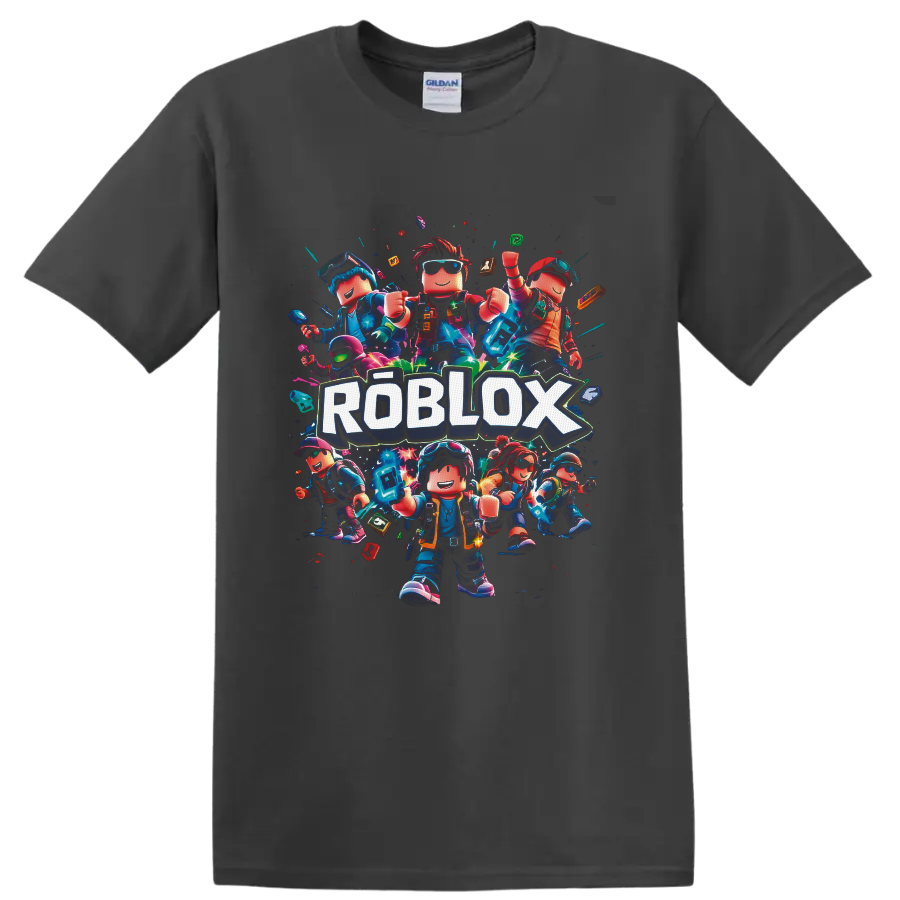 Roblox Characters neon block-avatar squad graphic with bold ROBLOX lettering on a Charcoal T Shirt