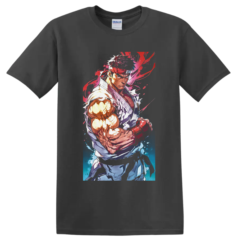 Ryu Street Fighter martial arts fighter in vibrant red and blue watercolor anime style on a Charcoal T Shirt
