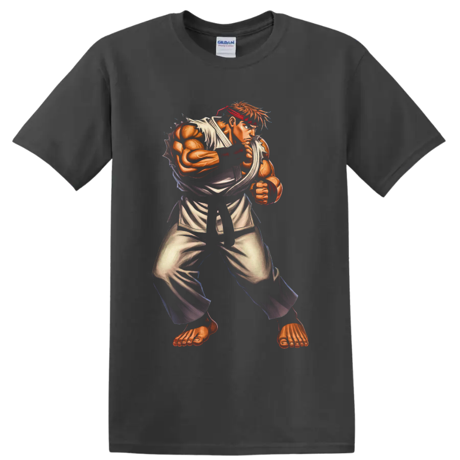 Ryu Street Fighter martial arts warrior in retro arcade illustration on a Charcoal T Shirt