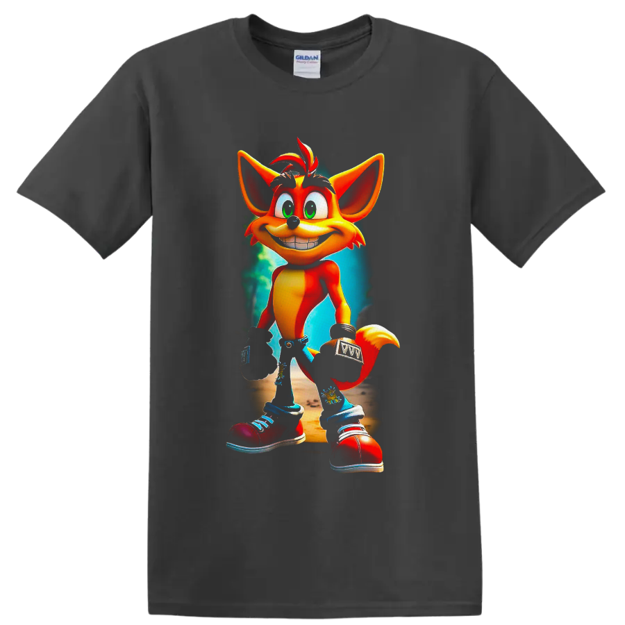 Crash Bandicoot cartoon character with a teal jungle-style background on a Charcoal T Shirt