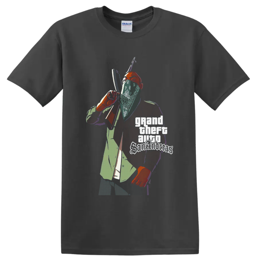 Grand Theft Auto San Andreas gangster illustration with rifle and stacked logo text on a Charcoal T Shirt