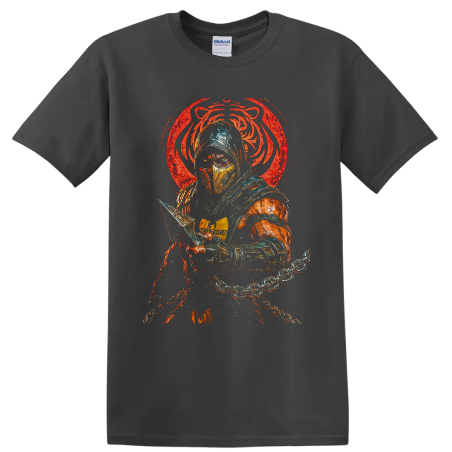 Scorpion masked ninja with spear chain and distressed red dragon emblem on a Charcoal T Shirt