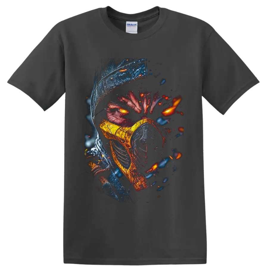 Scorpion in a hood and gold mask with glowing eyes and fiery embers on a Charcoal T Shirt