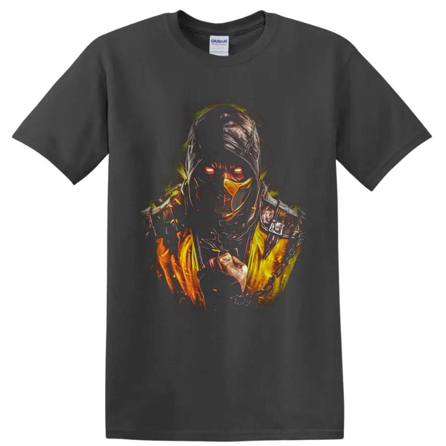 Scorpion Mortal Kombat fiery hooded ninja graphic with glowing eyes and chain weapon on a Charcoal T Shirt