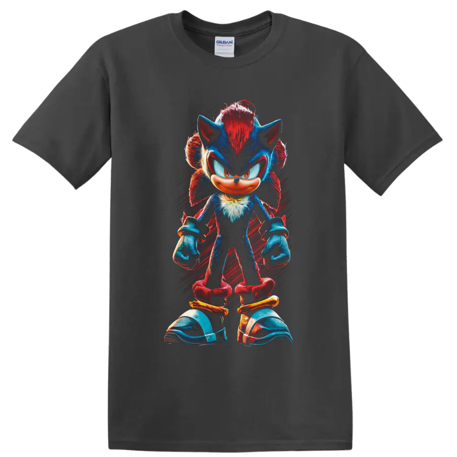 Shadow the Hedgehog full-body red and blue character art with red brushstroke background on a Charcoal T Shirt