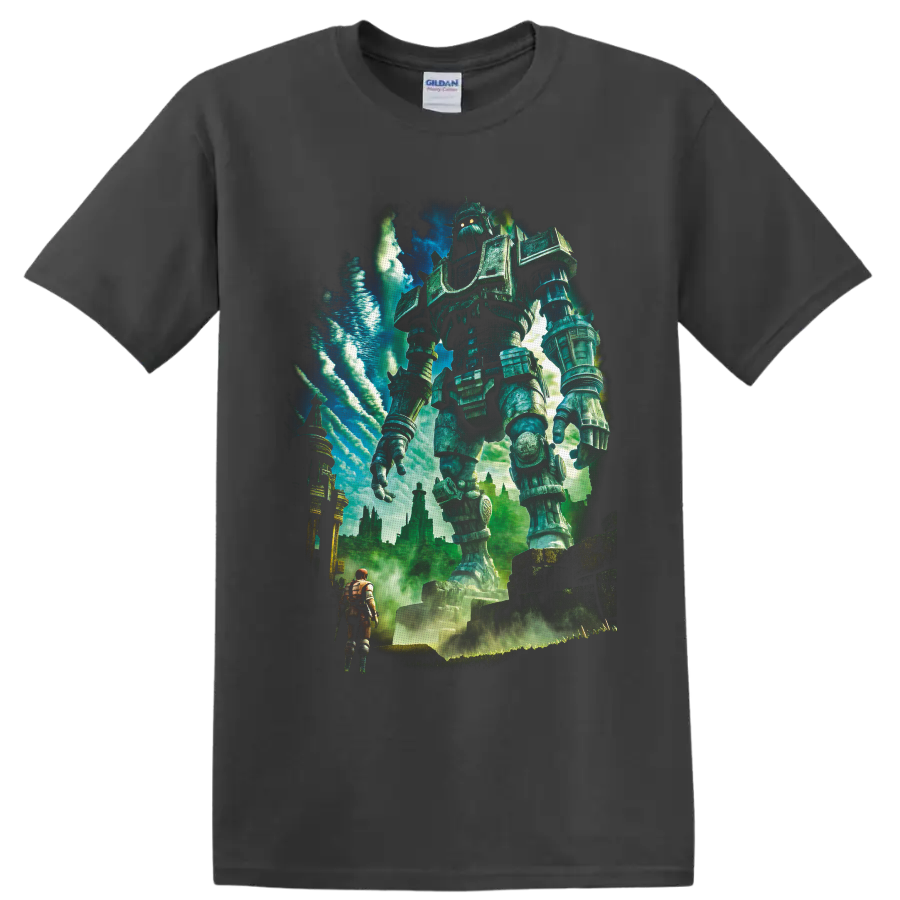 Towering Colossus guardian above a lone adventurer in painterly fantasy ruins on a Charcoal T Shirt