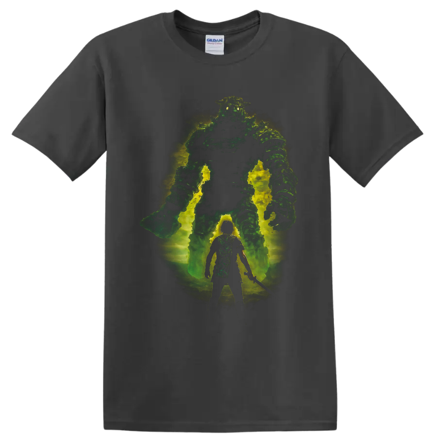 Shadow of the Colossus warrior facing a glowing green Colossus in distressed fantasy art on a Charcoal T Shirt