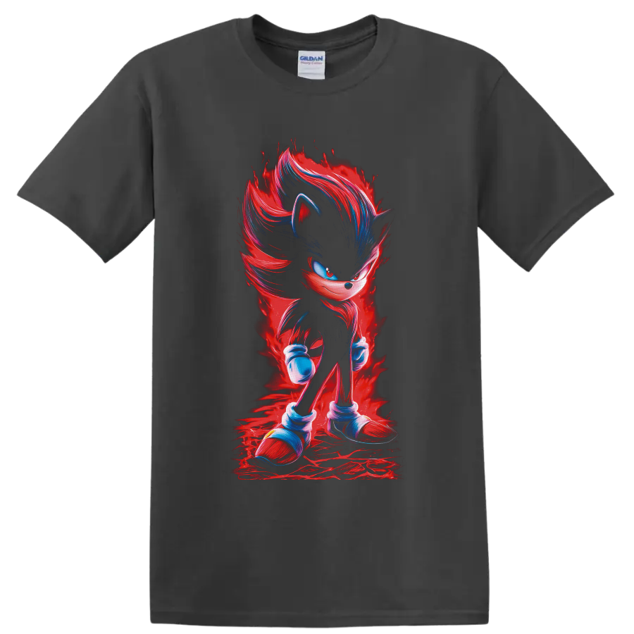 Shadow the Hedgehog with red energy aura and blue painterly highlights on a Charcoal T Shirt