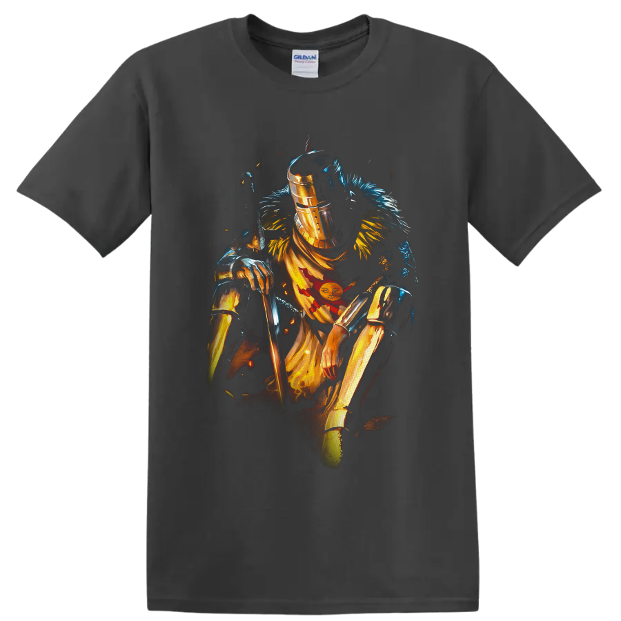 Solaire of Astora in gold armor with sword and sun emblem, painterly fantasy art on a Charcoal T Shirt