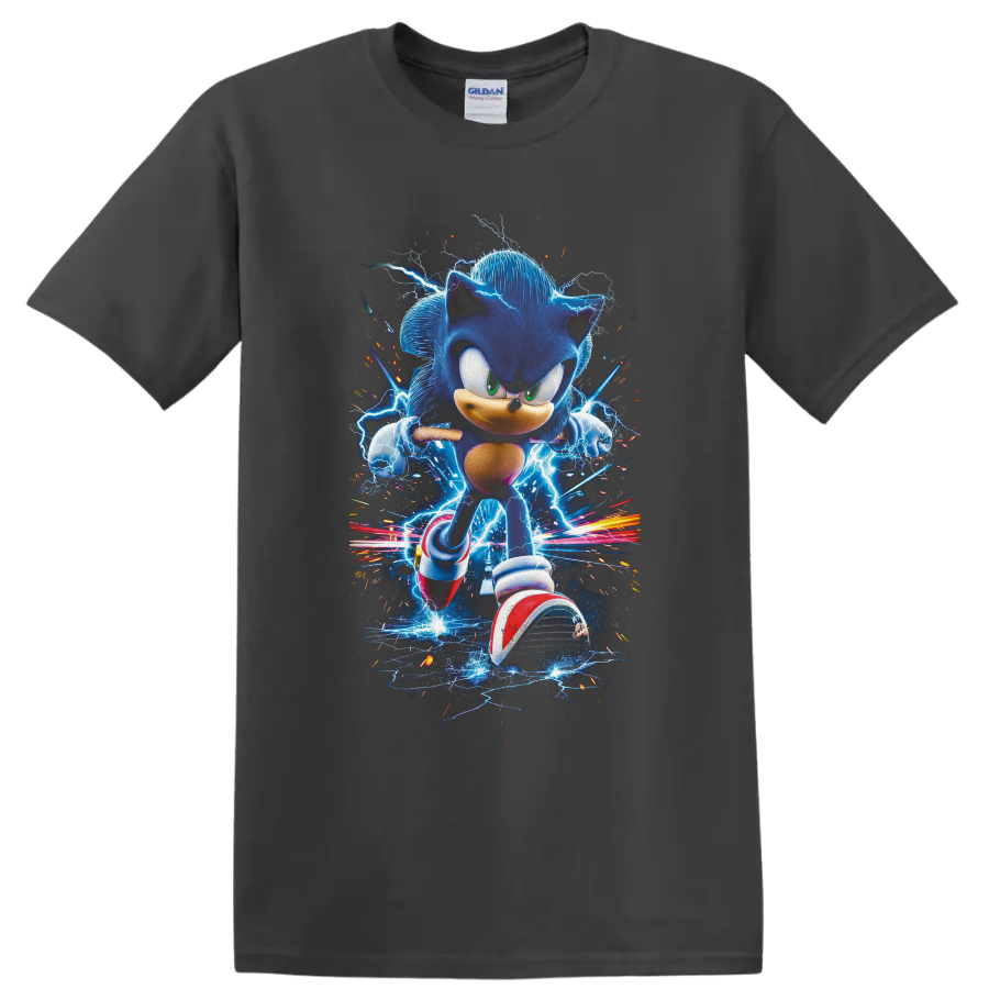 Sonic the Hedgehog running through electric blue lightning and colorful speed trails on a Charcoal T Shirt