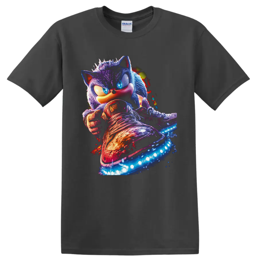 Sonic the Hedgehog neon action portrait with glowing sneakers and splatter effects on a Charcoal T Shirt