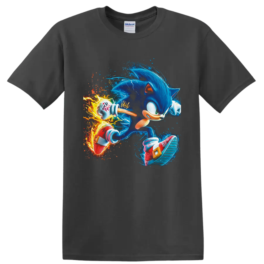 Sonic the Hedgehog sprinting through electric blue trails and fiery digital art on a Charcoal T Shirt