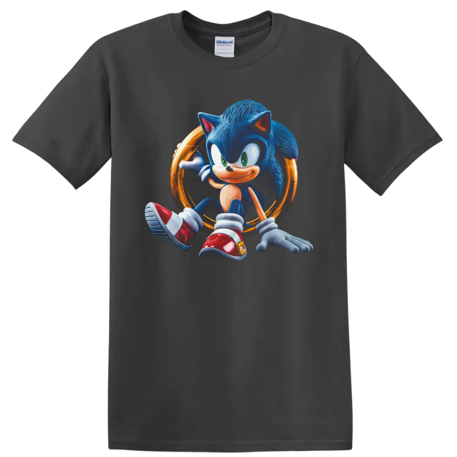 Sonic the Hedgehog seated in a glowing golden ring, detailed retro game character art on a Charcoal T Shirt