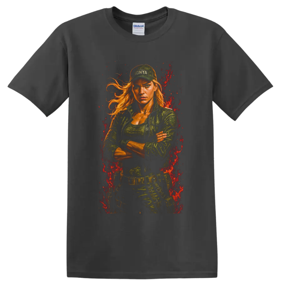 Sonya Blade tactical fighter portrait with flames from Mortal Kombat on a Charcoal T Shirt