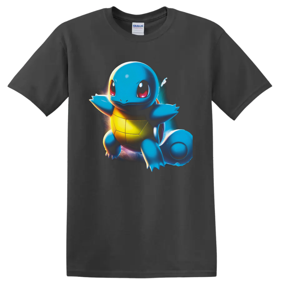 Squirtle Pokémon with glowing cosmic backdrop and vivid digital-art highlights on a Charcoal T Shirt
