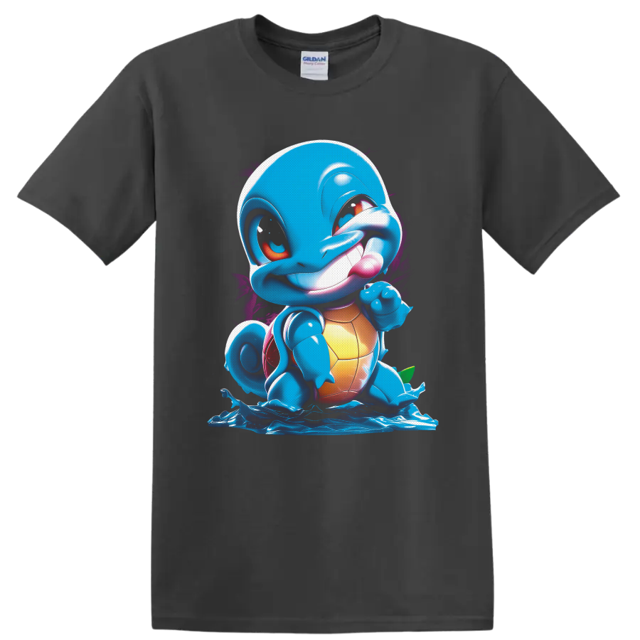 Squirtle in glossy cartoon water splash art with purple paint accents on a Charcoal T Shirt