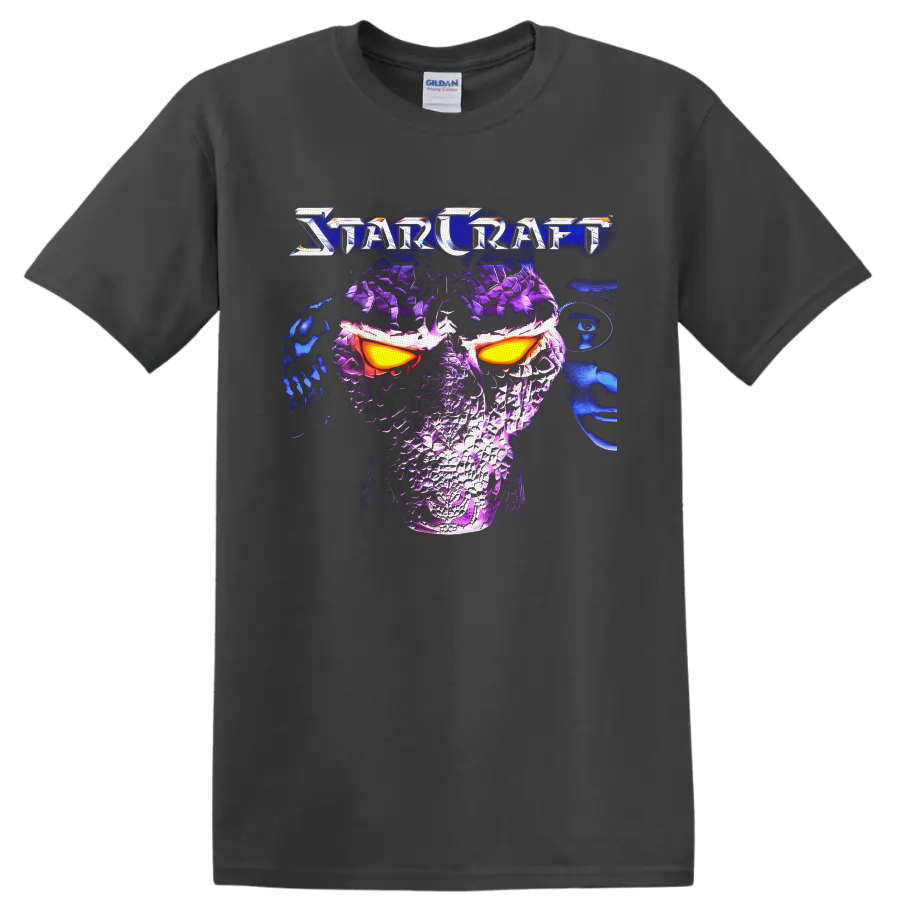 StarCraft Protoss warrior in neon purple armor with glowing orange eyes on a Charcoal T Shirt