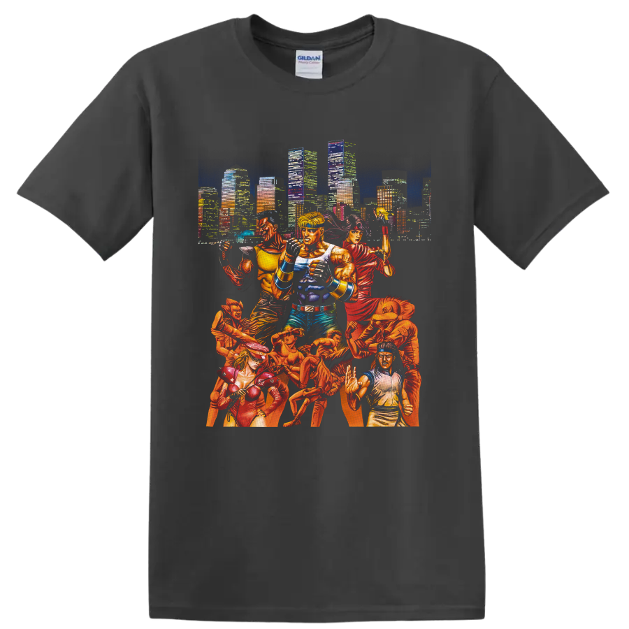 Streets of Rage fighters in comic-style action before a neon city skyline on a Charcoal T Shirt