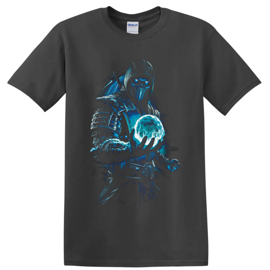 Sub-Zero ice warrior holding a glowing frozen orb in electric blue fantasy art on a Charcoal T Shirt