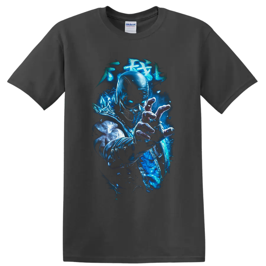 Sub-Zero ice ninja with glowing blue energy, crystalline shards, and combat armor on a Charcoal T Shirt