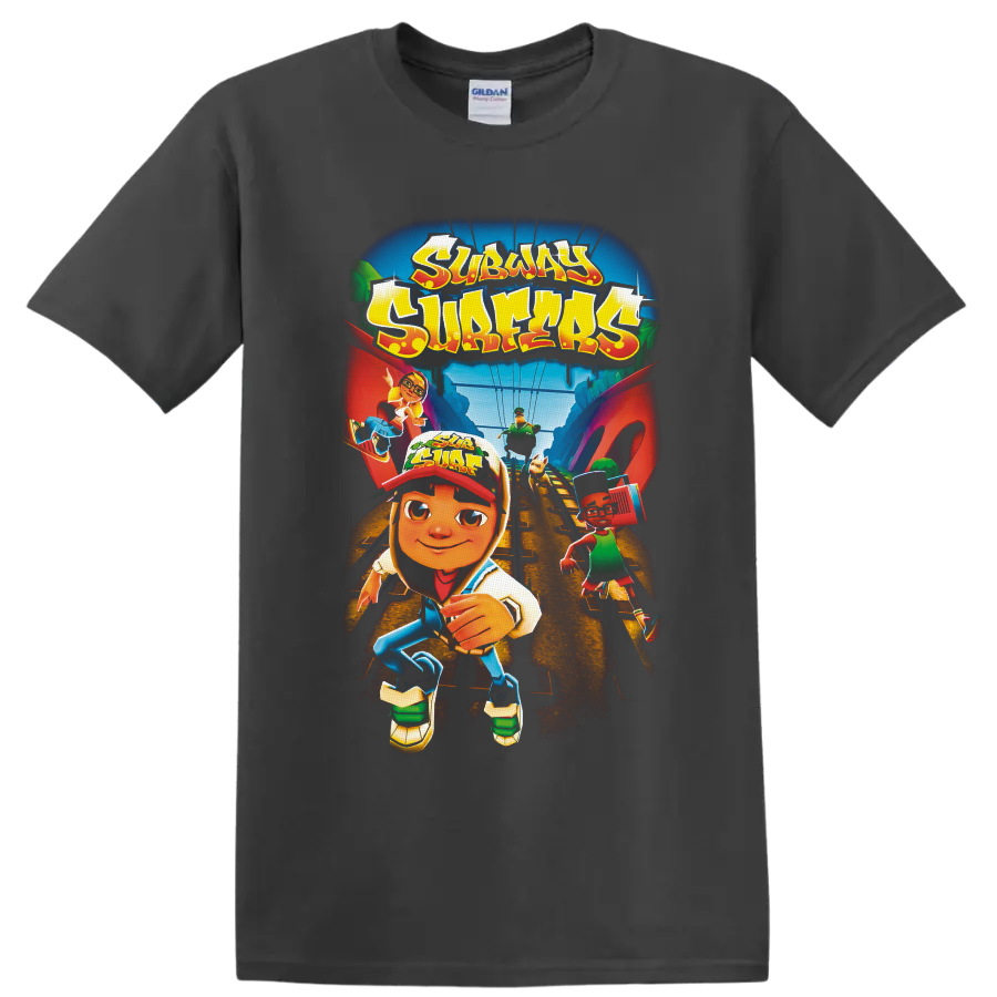 Subway Surfers runners racing along train tracks in colorful cartoon game art on a Charcoal T Shirt