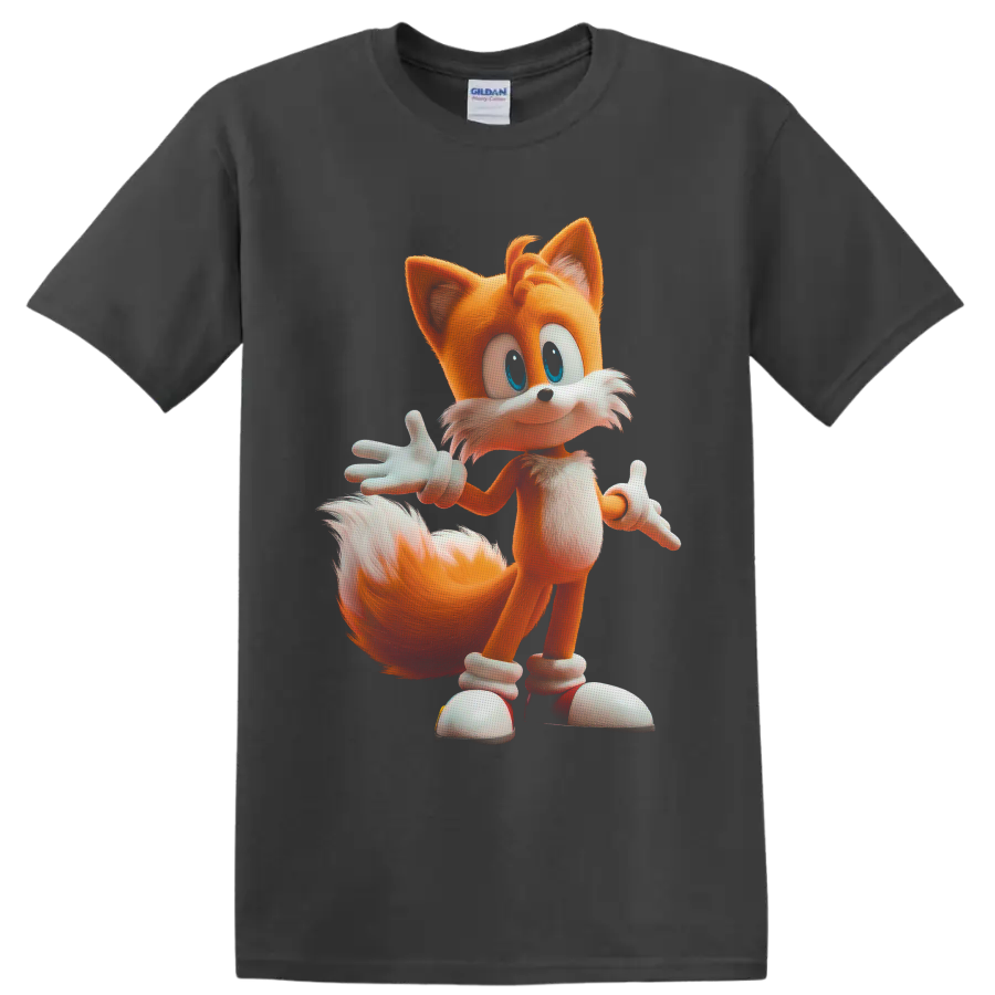 Tails from Sonic the Hedgehog in a colorful full-body cartoon pose on a Charcoal T Shirt