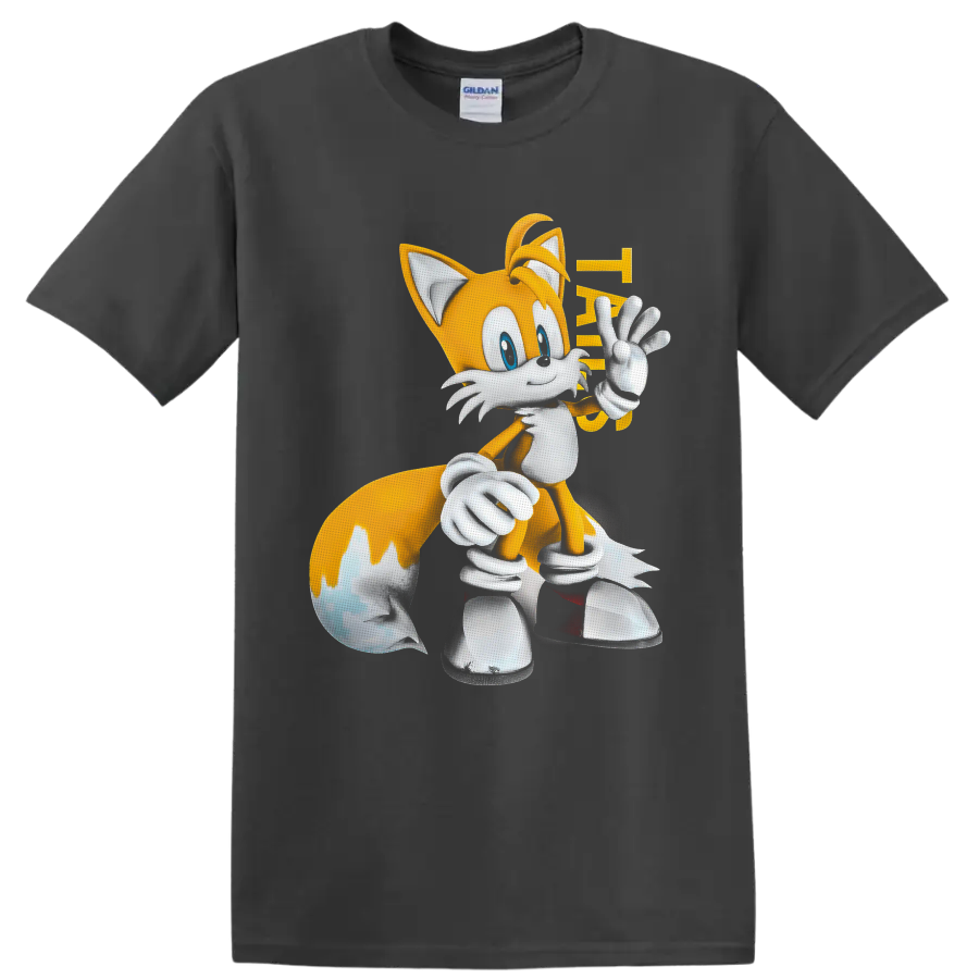 Tails from Sonic the Hedgehog waving in bright retro cartoon art on a Charcoal T Shirt