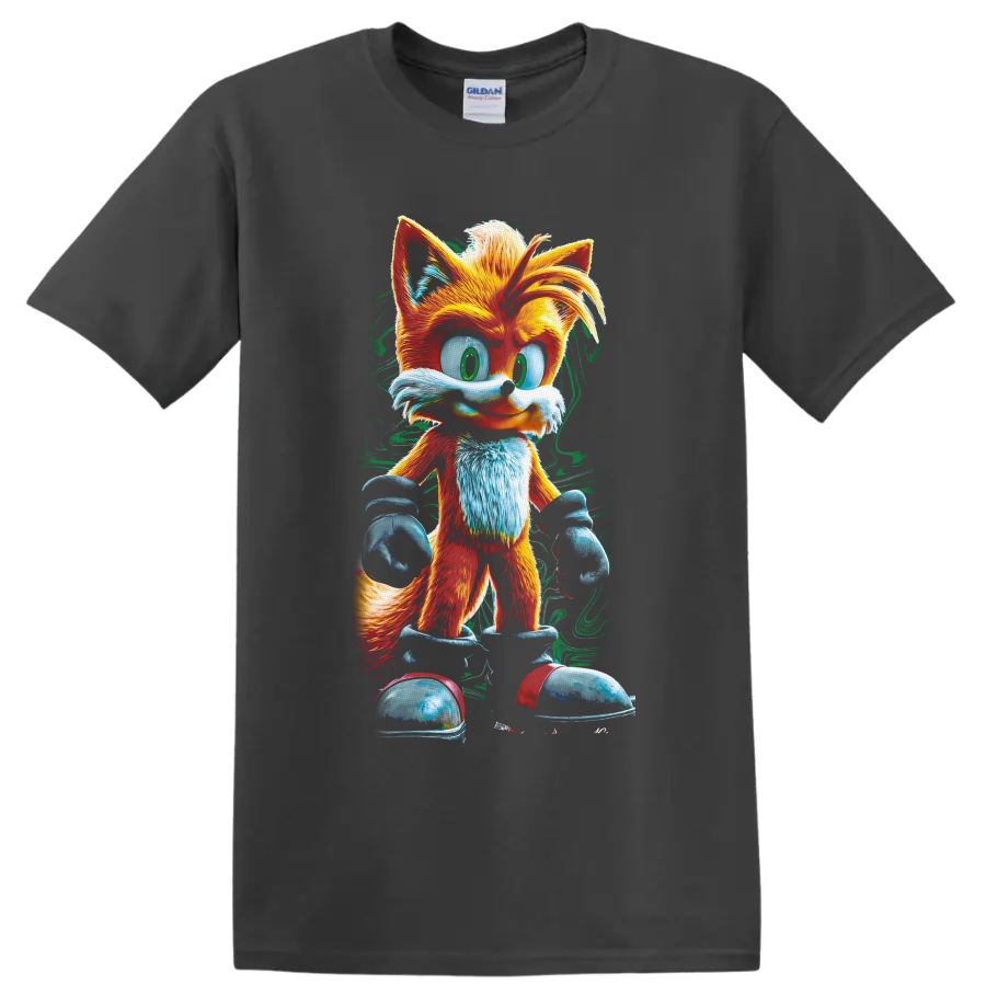Tails Sonic the Hedgehog two-tailed fox in colorful textured cartoon art on a Charcoal T Shirt